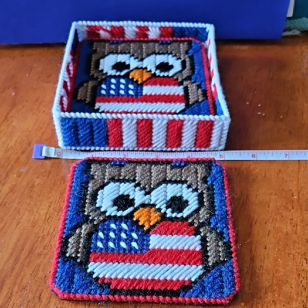 Patriotic Owl Needlepoint Coaster Set